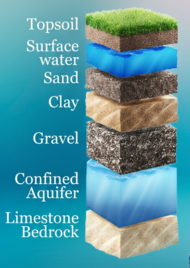 Cross-section of the ground above the aquifer: topsoil, surface water, sand, clay, gravel, confined aquifer and limestone bedrock